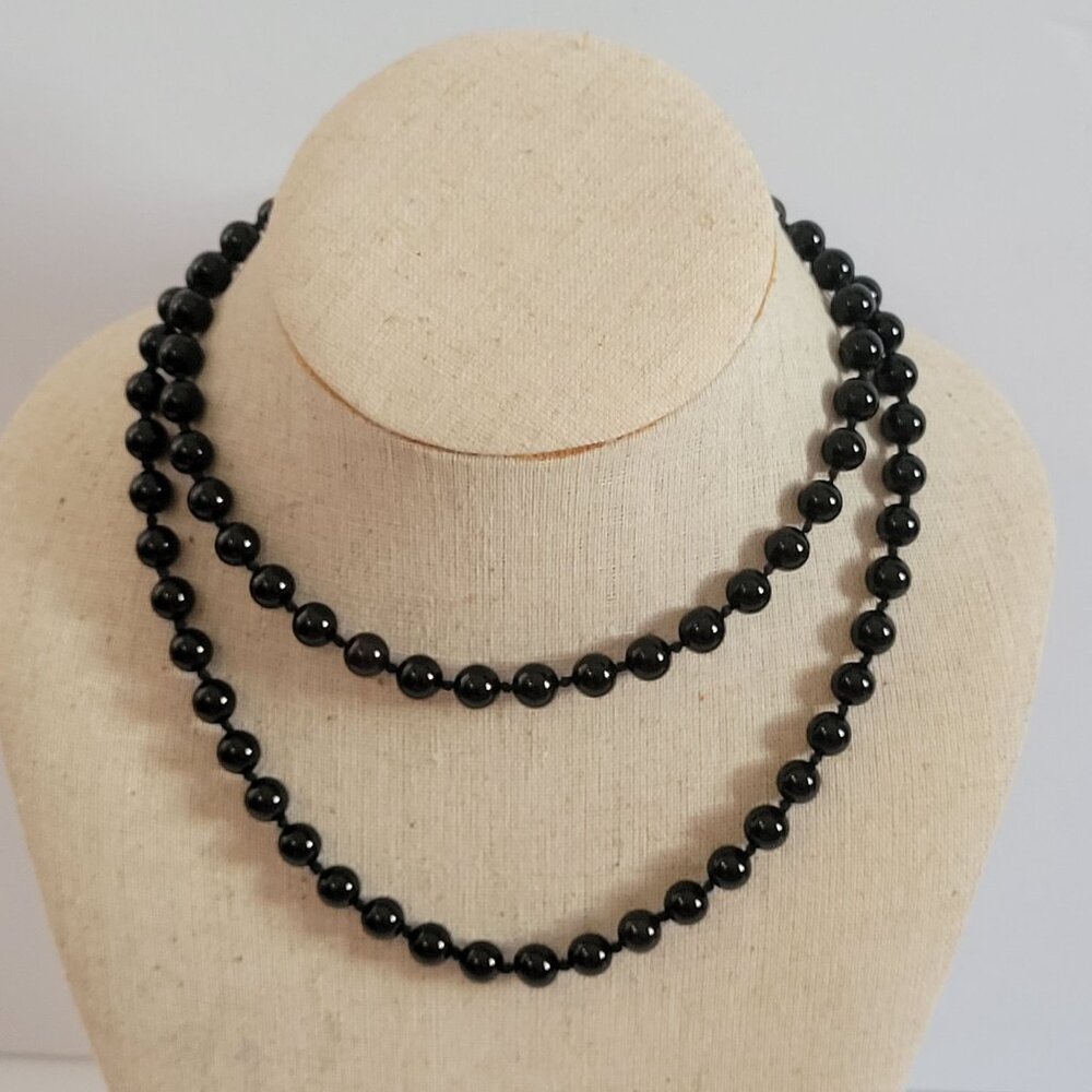 Black Beaded Necklace With Gold Leaf Clasp